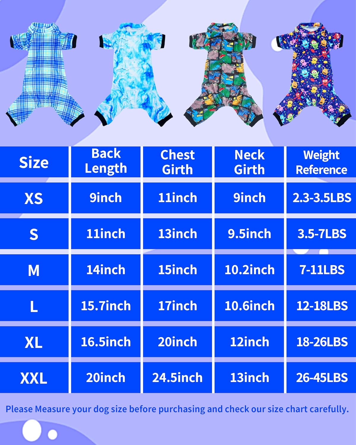 PET SHOW 4 Pack Small Dog Pajamas Cute Dinosaur Monster Clothes for Medium Dogs Soft Stretchy PJs Plaid Jumpsuit Puppy Cats Tie Dye Onesies Outfits with Sleeve Pets Dachshund Costume(M, Blue for Boys)