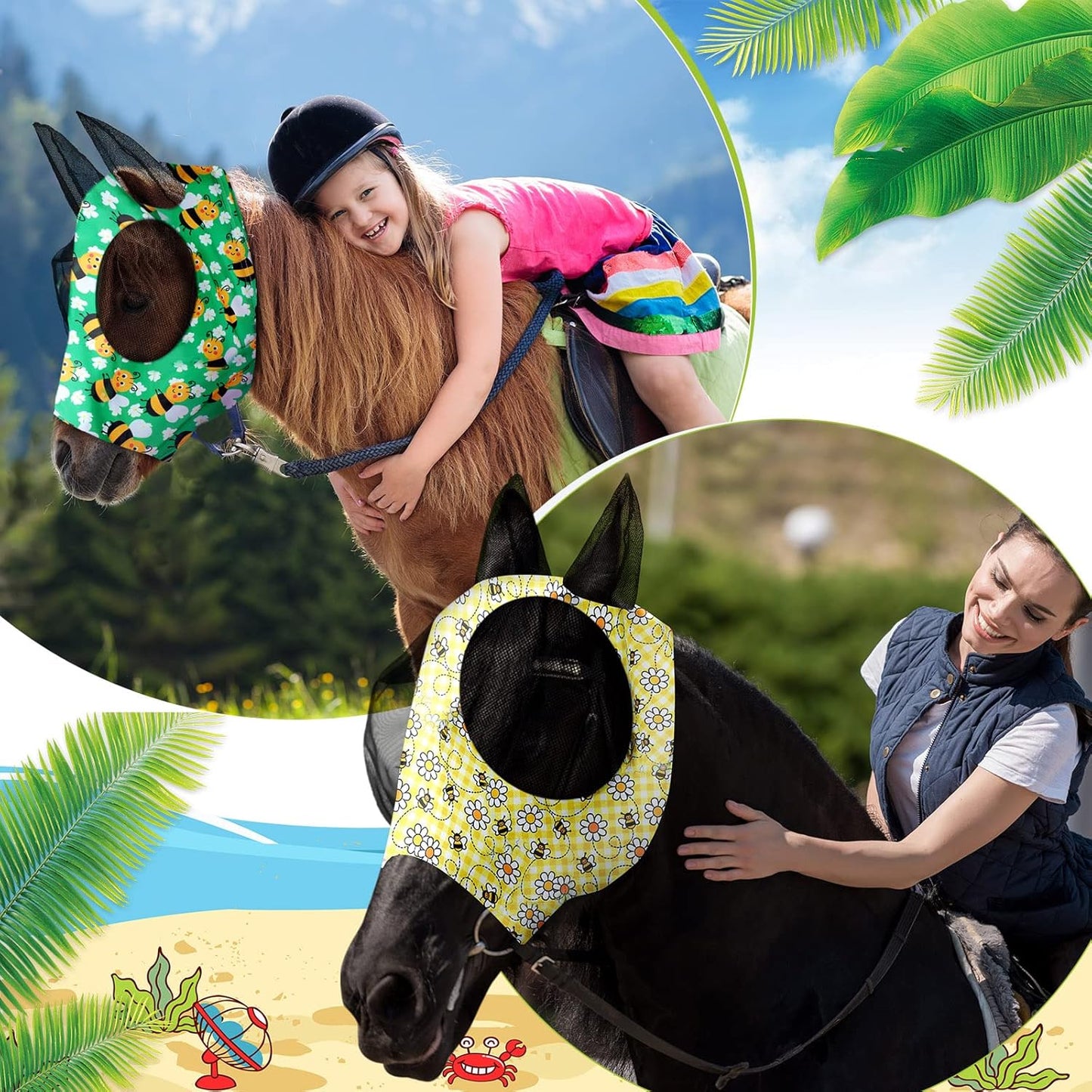 Qualirey12 Pieces Horse Fly Mask Bulk Comfortable Elasticity Mask for Horses with Ears Net UV Protection Breathable Horse Supplies Face Covering for Horse Pony and Foal (Flower Patterns, Large)