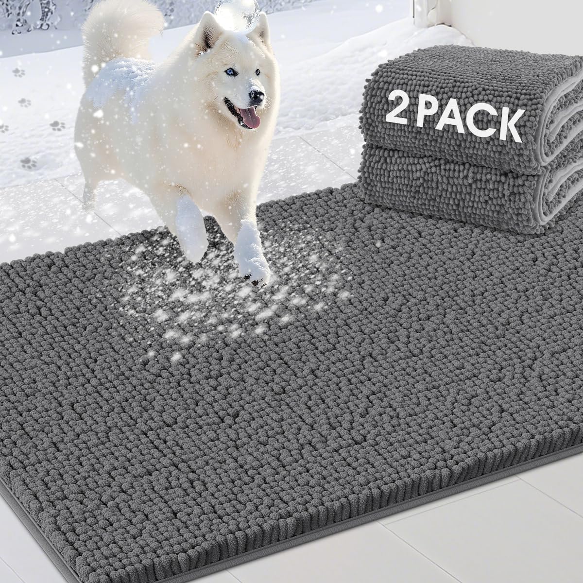 2 Pieces Muddy Door Mats for Dogs, Chenille Absorbent Pet Mats, Quick Dry, Trap Dirt Non Slip Heavy Indoor Doormat Soft Dog Bed Mat Front Inside Door Mat for Indoor Outdoor Entrance,Grey