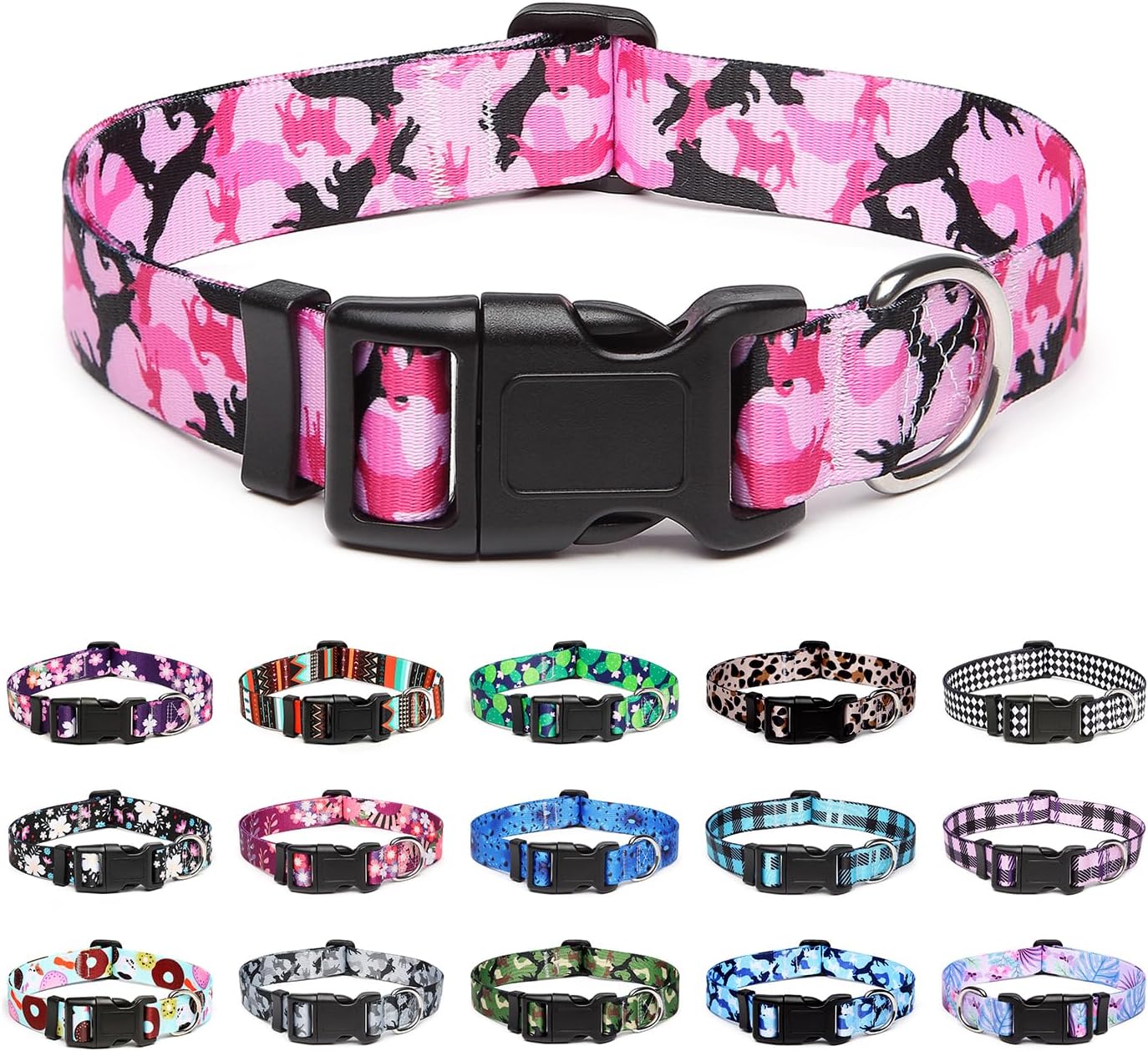 Mercano Adjustable Dog Collar - Special Design Patterns, Soft Nylon Comfortable Durable Pet Collar for Small Medium Large Dogs (XS, Dog Camouflage Pink)