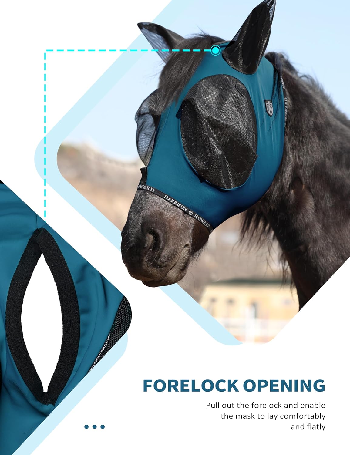 Harrison Howard Horse Fly Mask with Forelock Opening Stretch Breathable and Comfortable for Horses UV -Protection Peacock Blue M