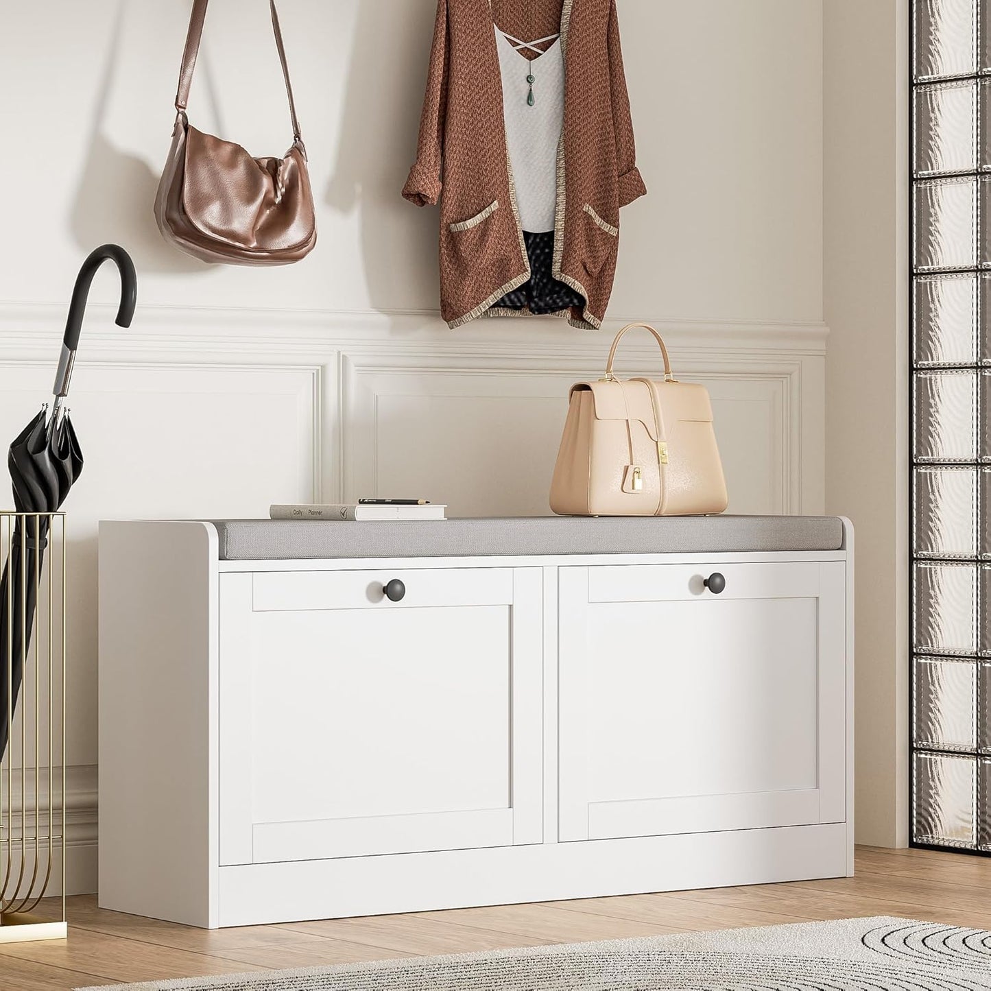 MHOM White Entryway Bench with 2 Flip Drawers, Shoe Bench with Padded Seat Cushion, Wooden Shoe Storage Bench for Entryway and Apartment