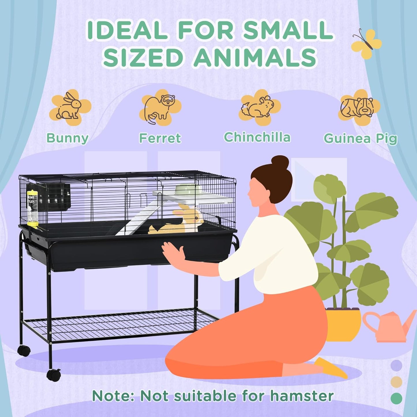 PawHut Two-Story Small Animal Cage Removable from Stand, Guinea Pig Cage with Shelf & Wheels, Pet Habitat for Hedgehog, Chinchilla, Ferret, 39" x 20.5" x 36.5", Black