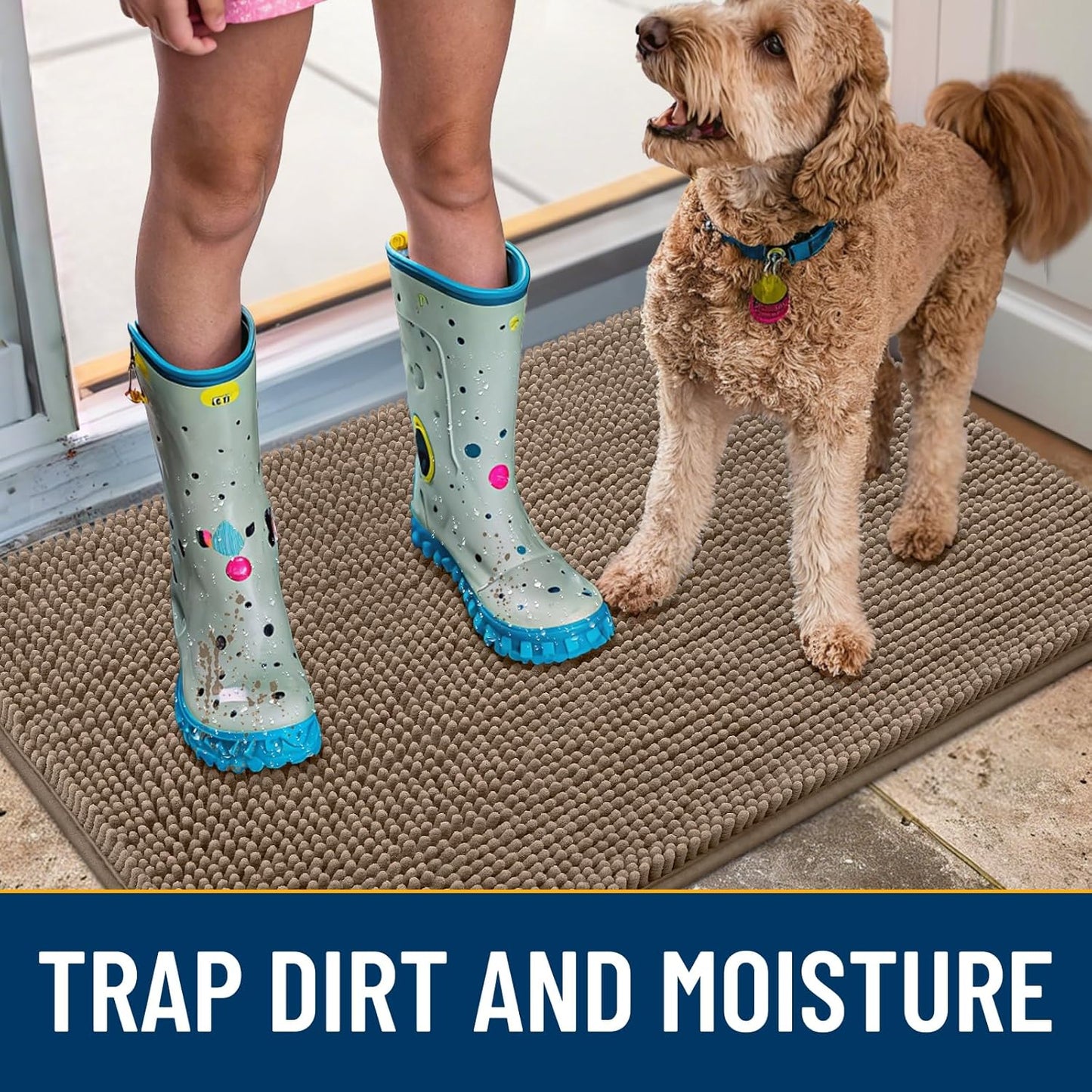 Smiry Dog Door Mat for Muddy Paws 40x32, Absorbs Moisture and Dirt Doormat, Non-Slip Washable Quick Dry Chenille Front Door Mat Indoor Entrance, Entryway Carpet for Inside Floor, Camel