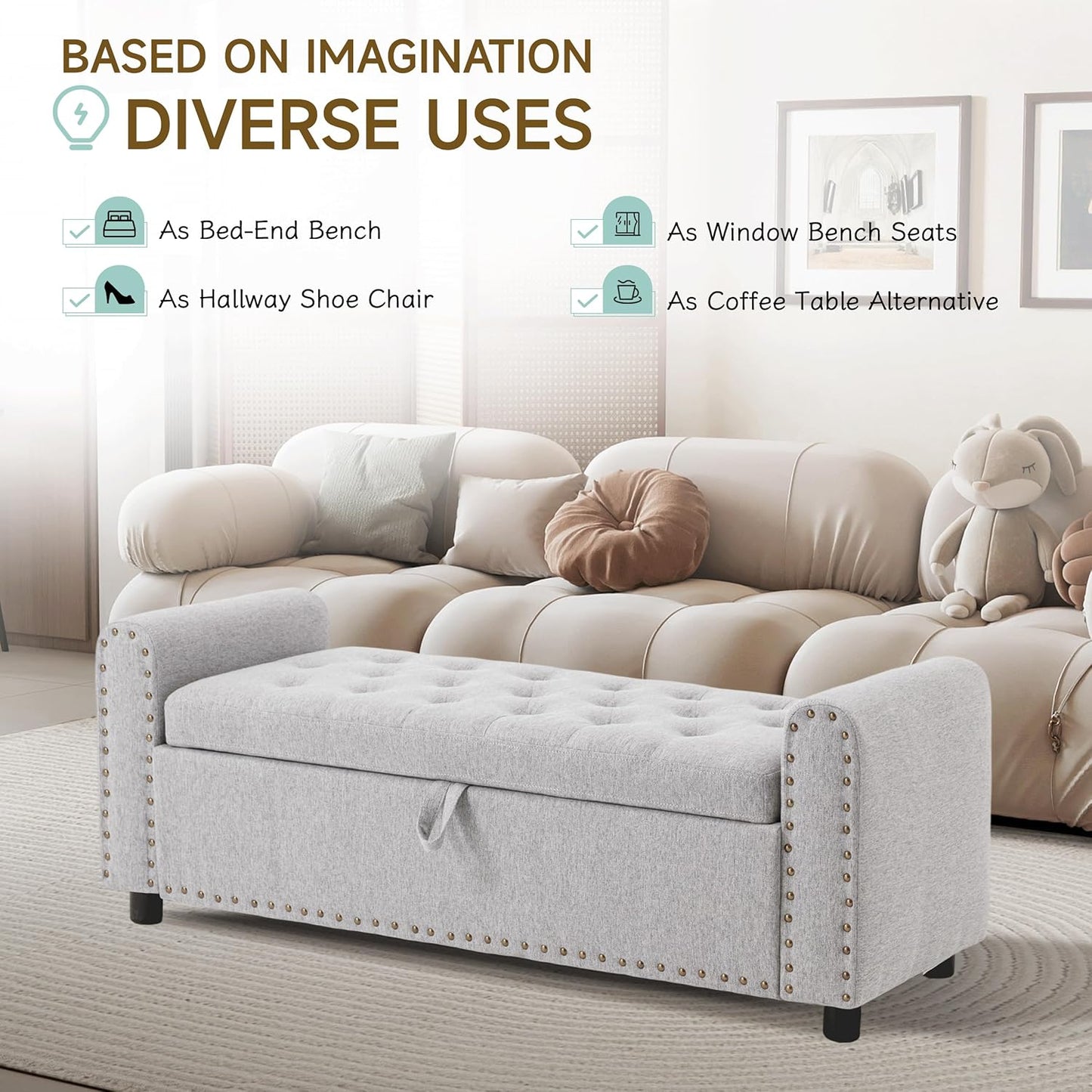 Ottoman with Storage, Tufted Storage Bench for Bedroom, 48" Fabrics End of Bed Bench, Upholstered Entryway Shoe Benches with Rolled Arm & Inner Zipper, Window Ottomans Chest with Rivets, Light Grey