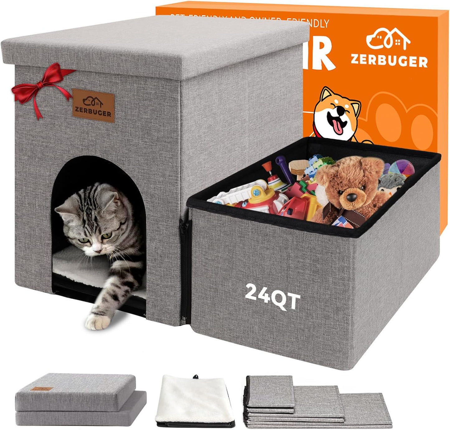 Dog Stairs 15" H, 2-Step Wider Dog Steps for Small/Medium/Large Old Dogs Cats, Folding Sturdy Storage Pet Stairs Climbing Bed Couch, Dog Ramp for Car Hold Up to 150 lbs(Gray, with Condo)