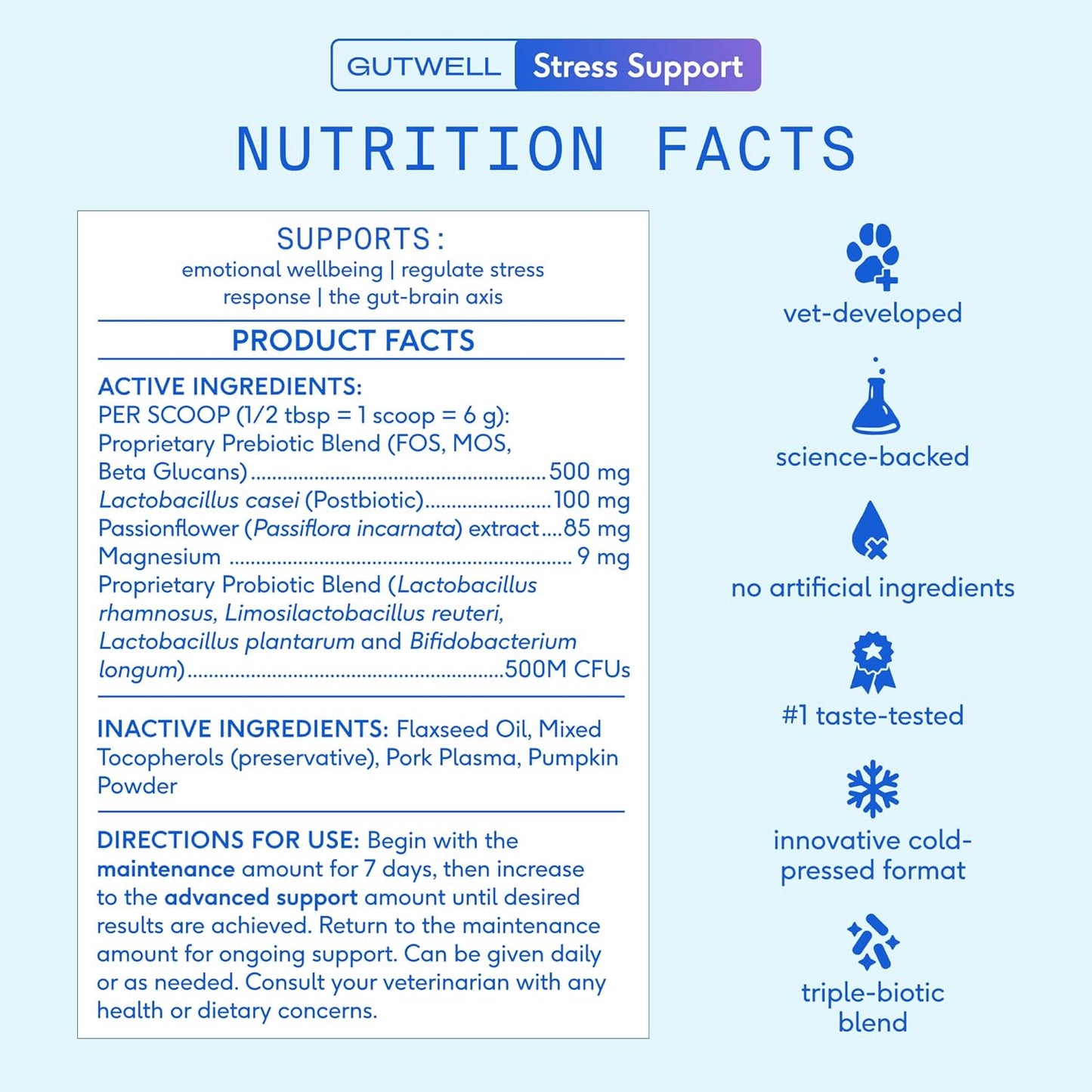 GutWell Stress Support - Dog Anxiety Relief & Calming Treats - Tasty Food Topper for Dog Stress and Anxiety Relief - Support Gut-Brain Axis with Triple-biotic Blend & Magnesium - 60 Scoops