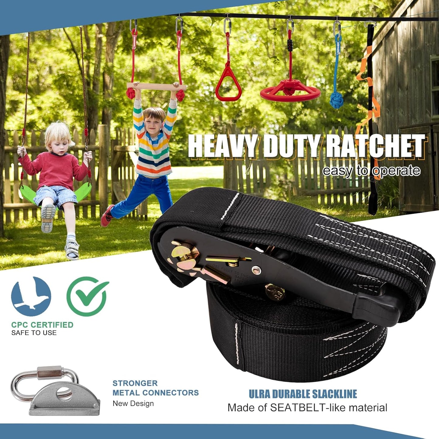 Slsy 60FT Ninja Warrior Obstacle Course (13 Obstacles), Ninja Slackline Kit for Kids, Durable Playset Equipment with 13 Most Complete Set-Monkey Bar,Swing, Balance Belt, Climbing Ladder & Net