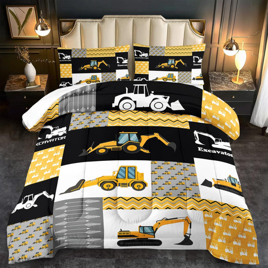Construction Comforter Set Queen Boys,Yellow Queen Construction Bedding Set,Engineering Vehicles Comforter Yellow Bedroom Decor Kids,Truck Quilt Cartoon Truck Bedding for Teen