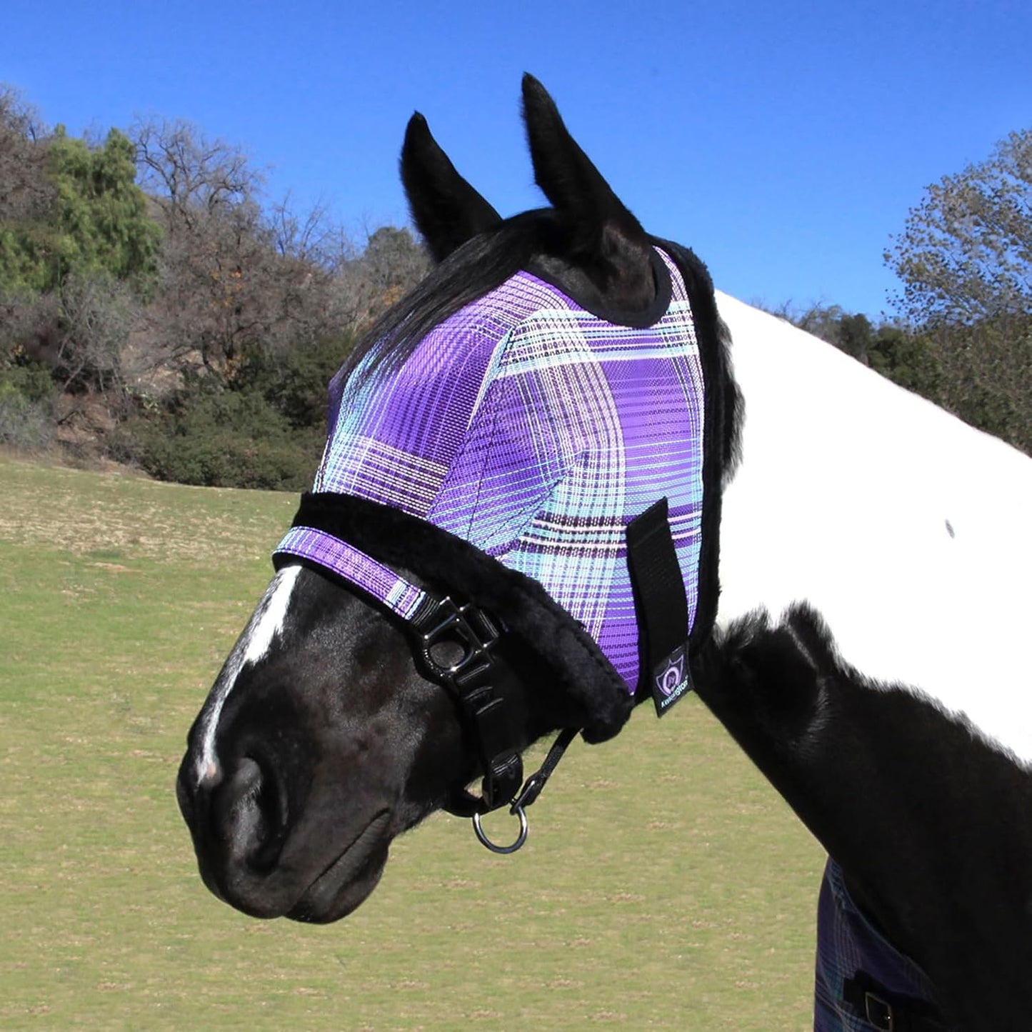 Kensington Fly Mask with Fleece Trim for Horses — Protects Face and Eyes from Flies and Sun Rays While Allowing Full Visibility — Breathable and Non Heat Transferring, Medium, Lavender Mint