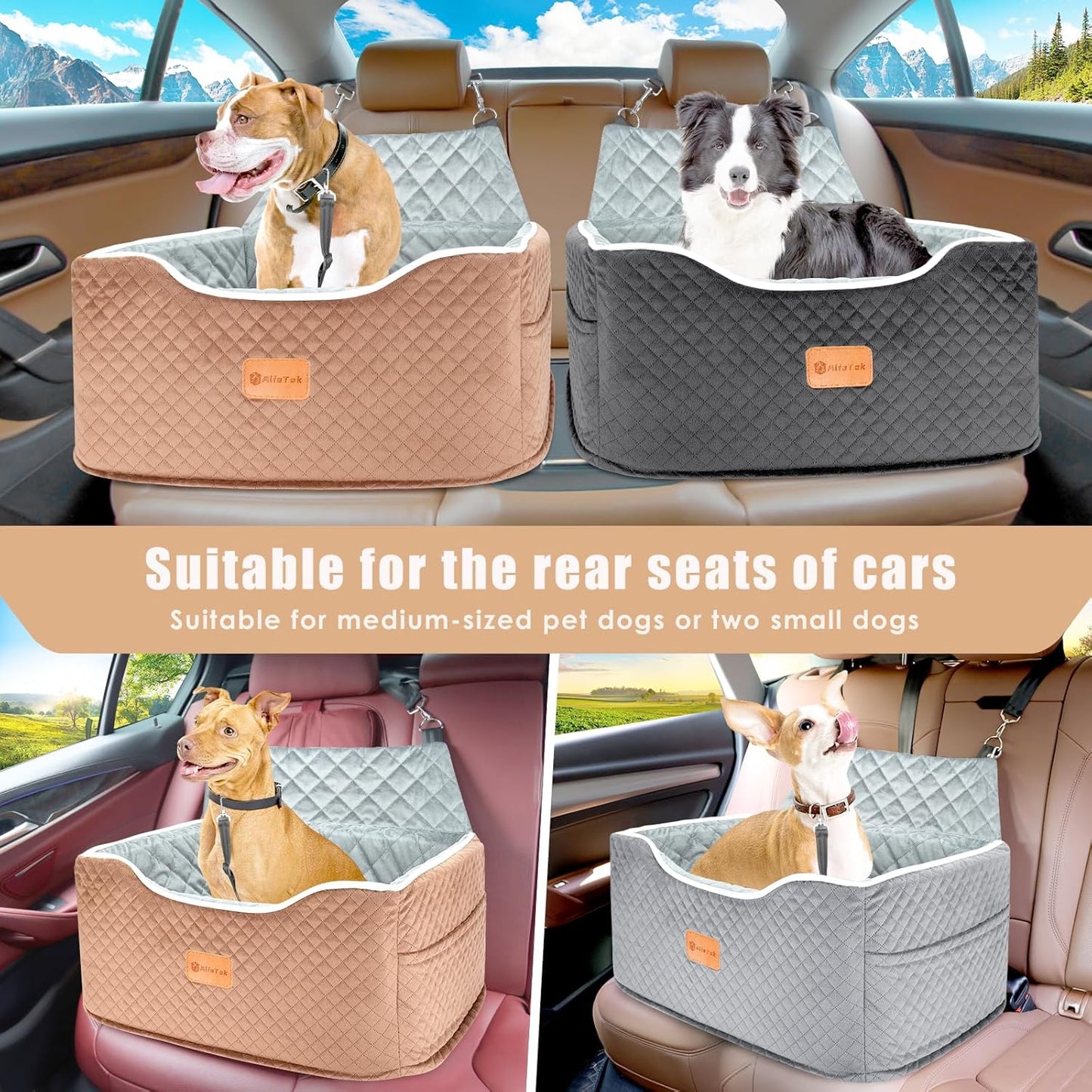 Memory Foam Booster Dog Car Seat Medium Dogs, Elevated Pet Car Seat Under 45 LBS, Detachable Washable, Anti-Slip Dog Booster Seat for Car Back Seat Only, Travel Dog Car Bed, Dog Seat Belt