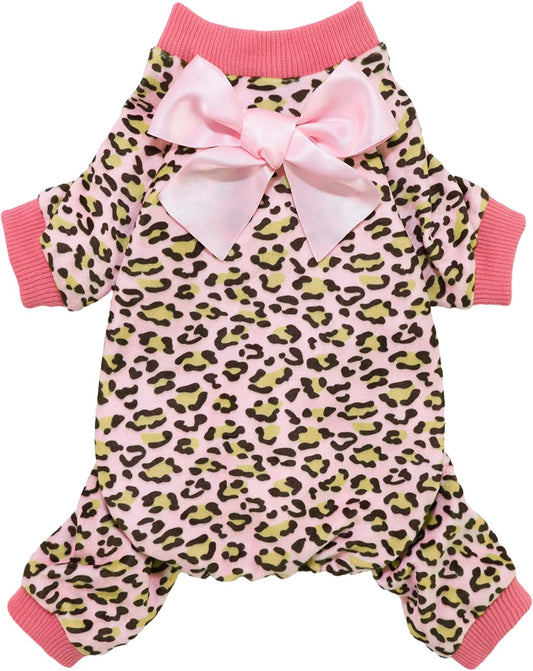 Fitwarm Leopard Dog Pajamas, Fleece Dog Clothes for Small Dogs Girl with Legs, Pet Onesie, Cat Outfit, Pink, Small