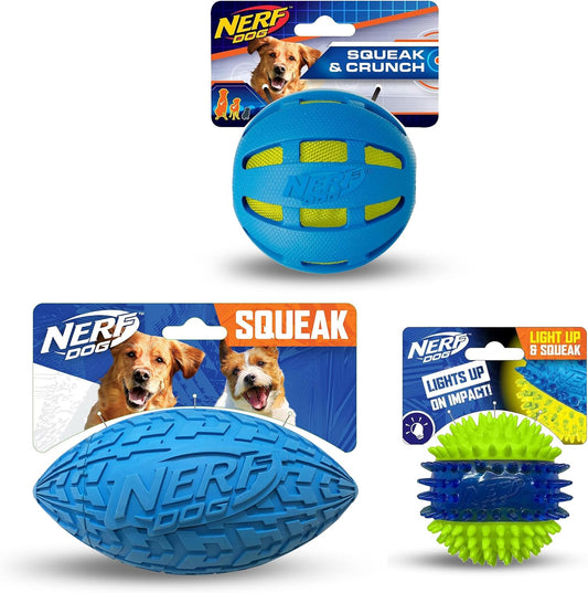 Nerf Dog Toy Gift Set, 3-Piece Set of Outdoor Dog Toys for Fetch, Includes Checker Crunch Ball, Spike LED Squeak Ball and Tire Squeak Football