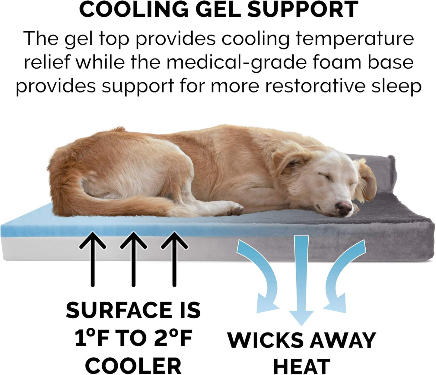 Furhaven Cooling Gel Dog Bed for Large/Medium Dogs w/ Removable Bolsters & Washable Cover, For Dogs Up to 55 lbs - Plush & Velvet L Shaped Chaise - Platinum Gray, Large