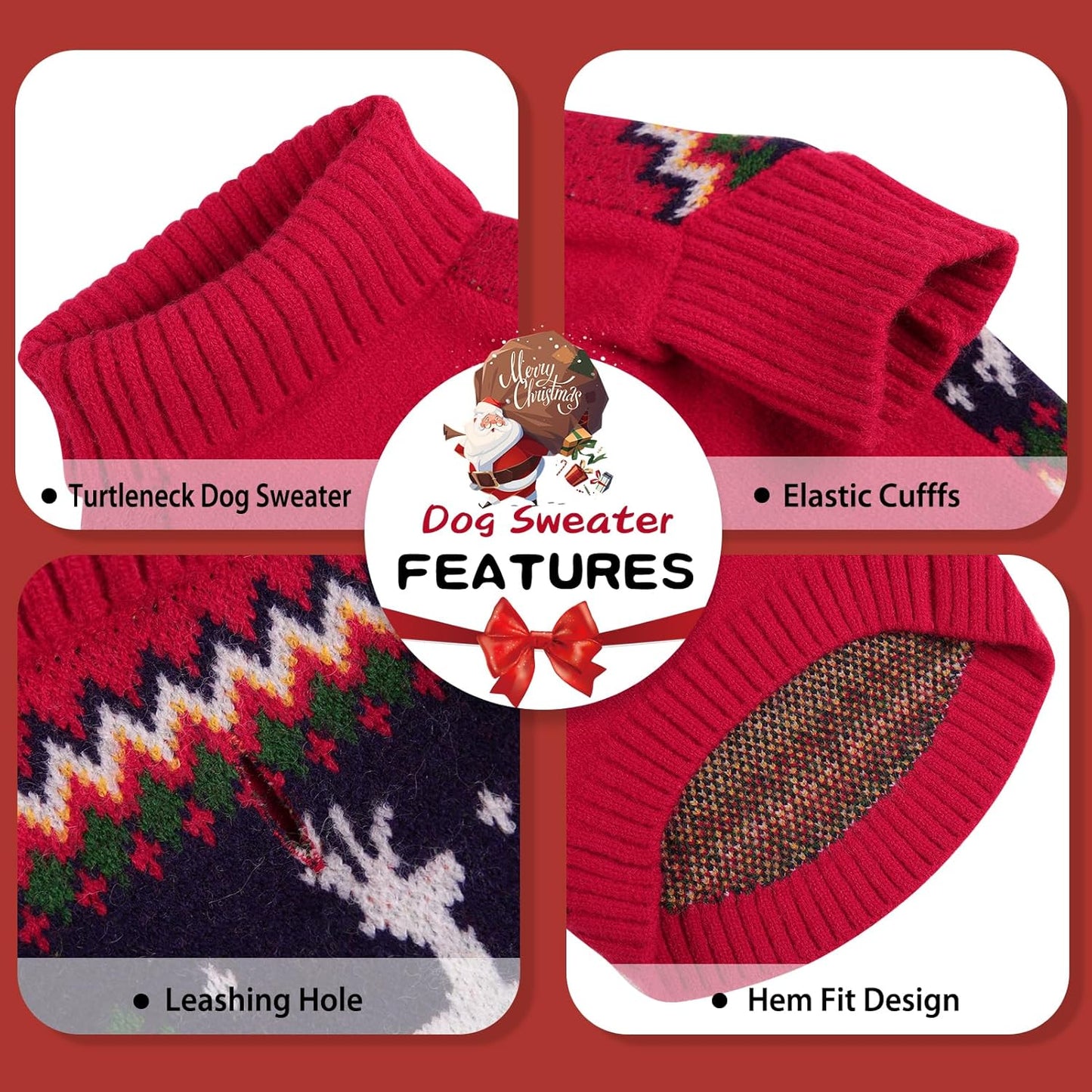 Queenmore Christmas Dog Sweater,Knitted Pullover Christmas Clothes for Dogs,Turtleneck Doggy Christmas Outfit, Warm Dog Sweaters for Small Dogs Boys or Girls XL
