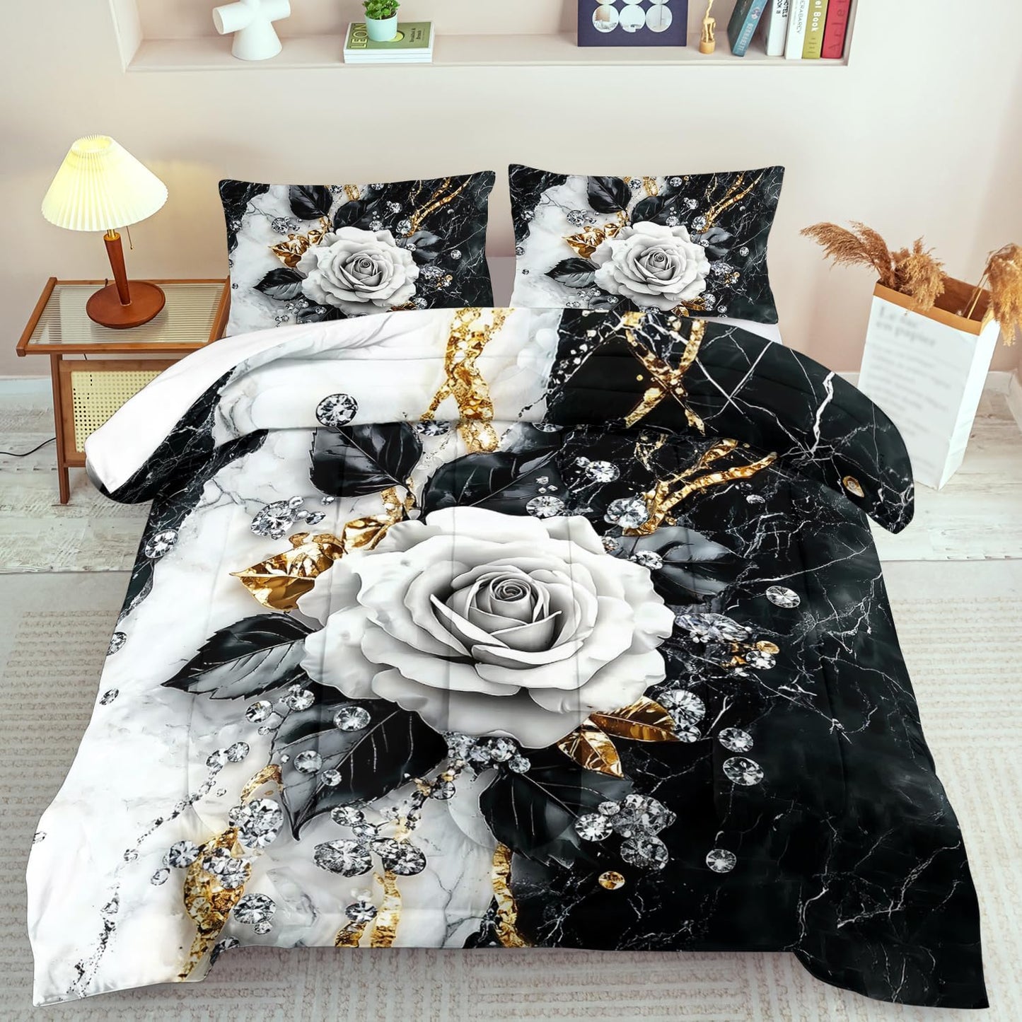Marble Floral Comforter Set for Full Bed Women,Vintage Flower Bedding Set Full,White and Black Comforter Rose Quilt for Girls,Rose Bedding Floral Bedroom Decor Adults