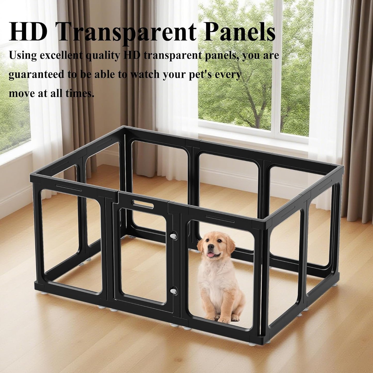 Clear Acrylic Dog Playpen with Door, for Puppy Cat Rabbit Transparent Pet Pen, Black Dog Playpen Indoor, Dog Fence, Easy Assemble & Cleaning Dog Pen for Small & Medium Dogs (23.6“ Height, 10PCS)