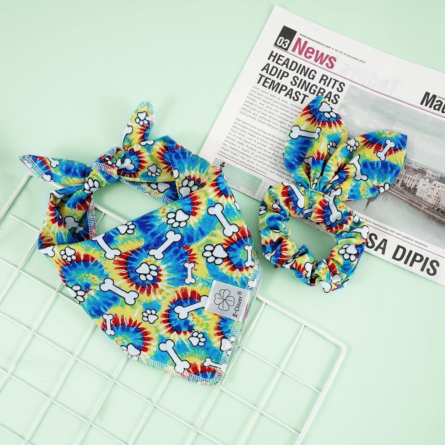 E-Clover Dog Bandanas Boy & Matching Scrunchie Set Girl Cute Rainbow Dog Scarf Bibs Pet Bandana with Bow Tie for Medium Large Dogs Owner Mom Pride