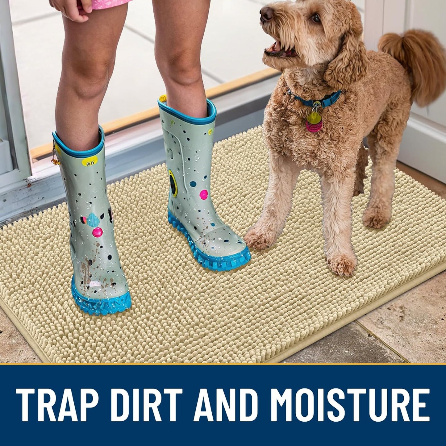 Smiry Dog Door Mat for Muddy Paws 48x30, Absorbs Moisture and Dirt Doormat, Non-Slip Washable Quick Dry Chenille Front Door Mat Indoor Entrance, Entryway Carpet for Inside Floor, Cream White