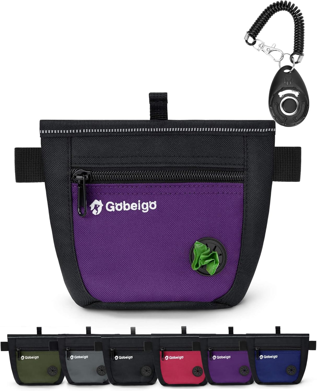 Gobeigo Dog Treat Pouch and Training Clicker, Upgrade Two Magnetic Closure to Prevent Spills, 2 Cup Treat Bag with Poop Bag Dispenser, Metal Clip Waist Belt Fanny Pack for Pet Walk (Black/Purple)