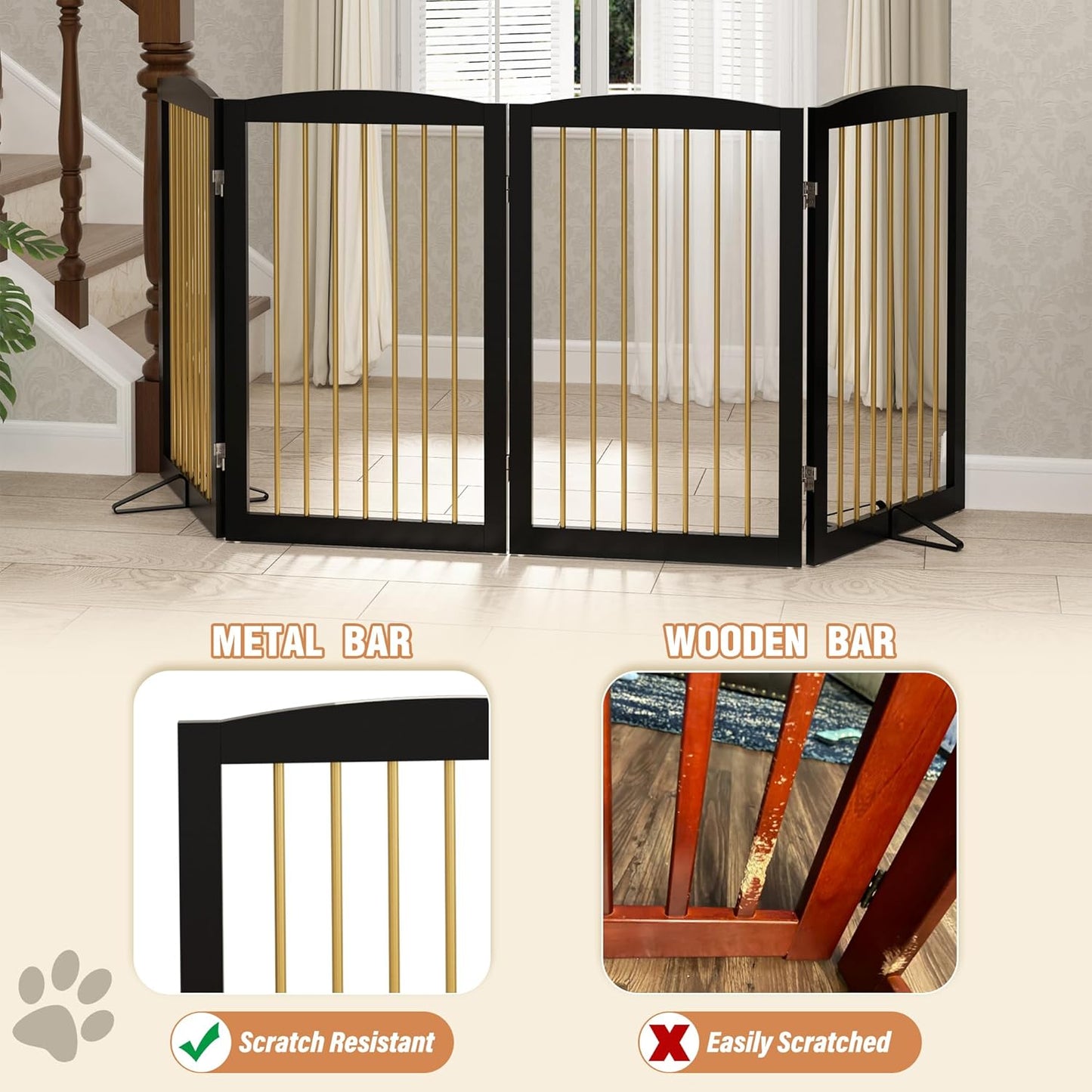 Freestanding Pet Gate for Dogs, Indoor Wooden Dog Gate for House, Foldable Dog Gate for Doorway, Stair, Step Over Pet Puppy Safety Fence Tall, 80 Inch Wide, 4 Panels 32", Black & Gold