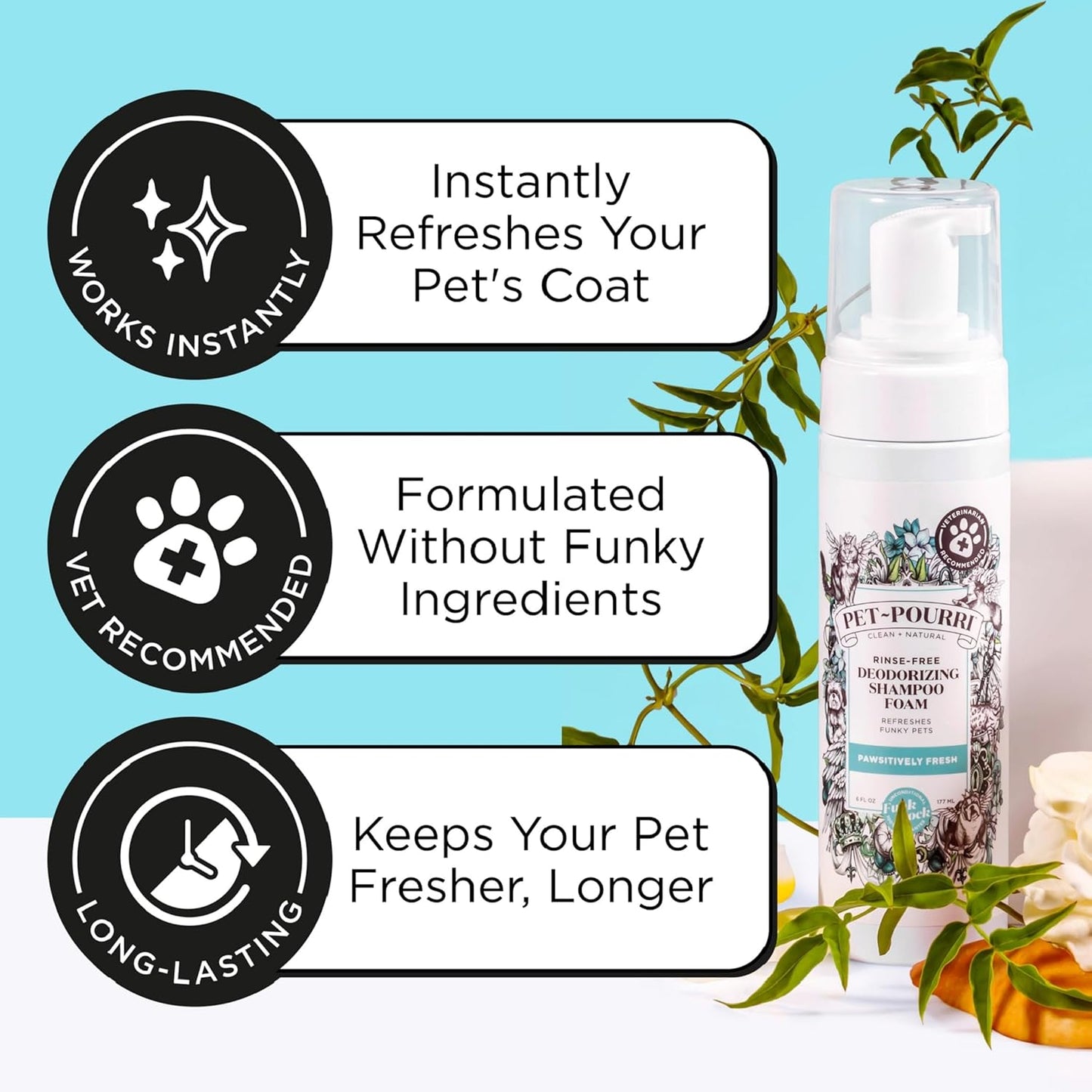 Poo-Pourri Rinse-Free Deodorizing Dry Shampoo for Dogs & Cats – Moisturizing Skin & Coat Soothing Formula - Plant Based Ingredients – Pineapple, Jasmine & Pear – No Rinse Foam Shampoo for Pet Odor