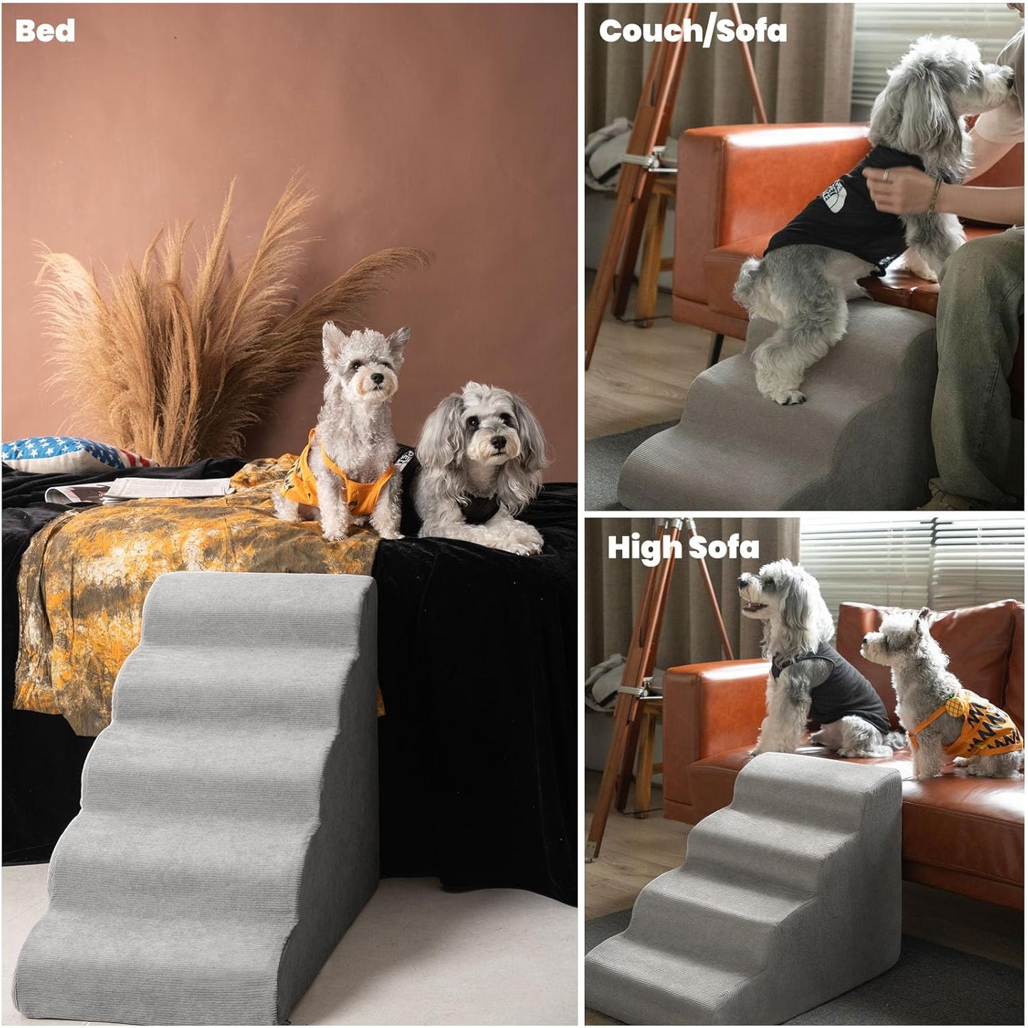 MEWANG Dog Stairs for Small & Medium Dogs and Old Cats –3/4/ 5 Steps High-Density Foam Pet Ramp for Bed & Couch, Non-Slip, Washable Cover, Grey (Round Corner, 5 Steps: 29.92''×22.83''×15.75'', 2)