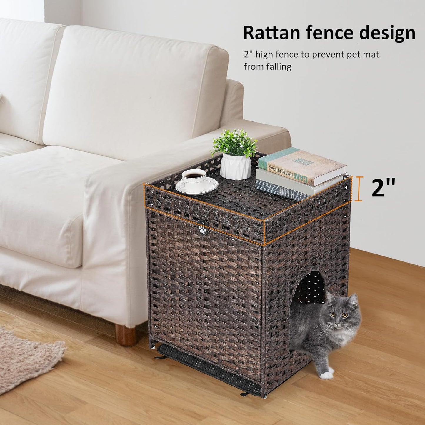 Cat Litter Box Enclosure with Soft Litter Mat; Hidden Cat Washroom Furniture with Door; Handwoven Rattan Cat House; Pet Crate for Living Room, Bedroom, Balcony (Brown)