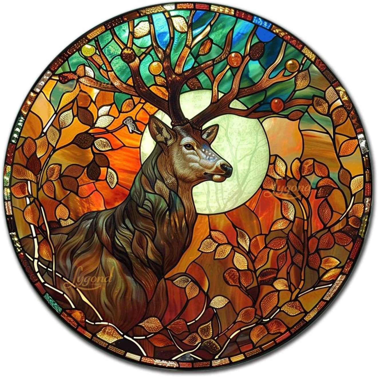Lygond Metal Sign Tin Sign Circular Stained Glass Deer Gift For Gift 12×12 Inches