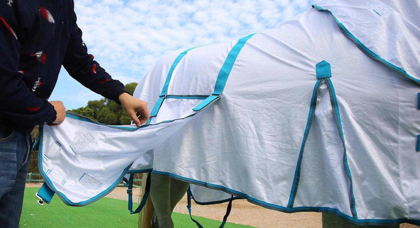 Horse Fly Sheet with Detachable Neck Cover & Belly Wrap, Adjustable Fly Sheet for Horses, Ventilated Airflow Mesh Equine Cooling Summer Flysheet White 84