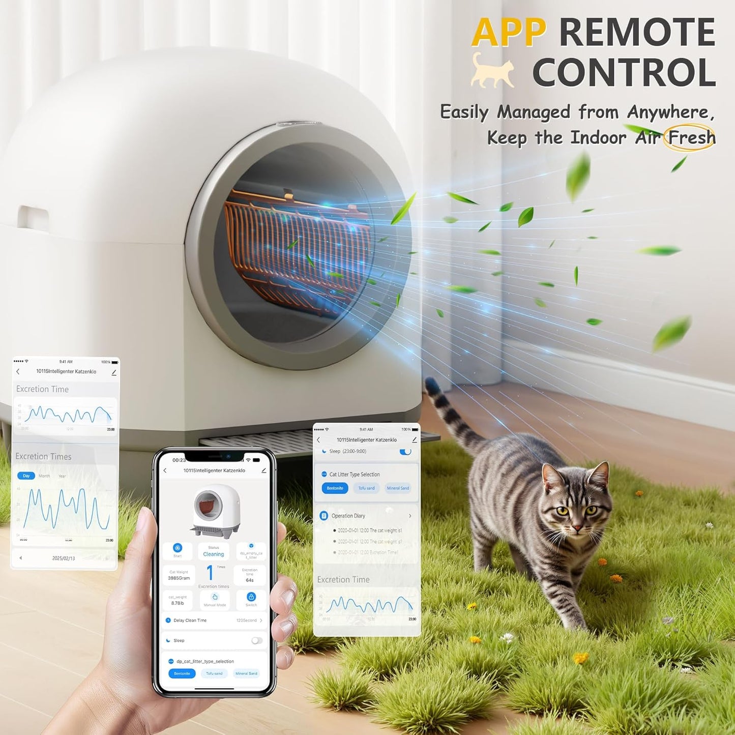 WARCAT Self Cleaning Litter Box Automatic, 90 L Automatic Cat Litter Box for Multiple Cats APP-Controlled with Smart Sensors, Safety Protection,Mat,1 Roll Garbage Bag (Gray)