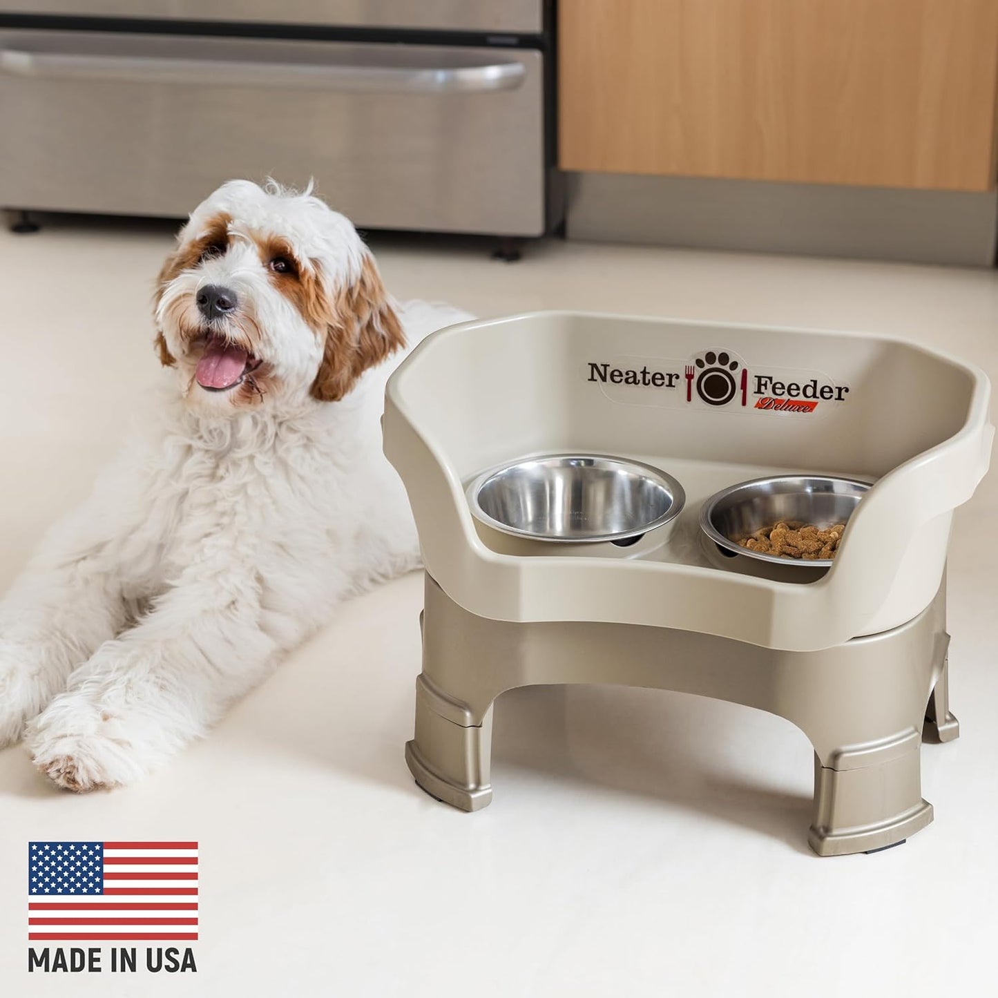 Neater Feeder Deluxe Mess Proof Dog Bowls Elevated Medium Sized Dogs (19-40 lbs) Made in USA, No Spill Raised Dog Food Bowl Stand w/Leg Extension, Stainless Steel Food and Water Bowl Set, Cappuccino