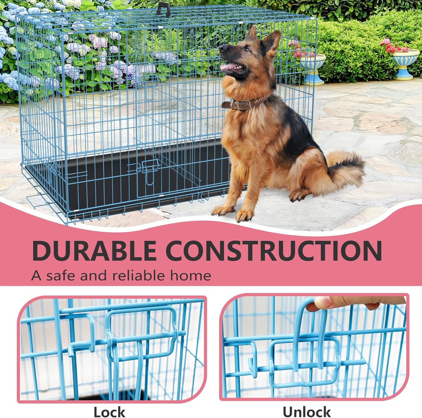 FDW Dog Crate for Large Dogs 48 Inch Folding Metal WirePet Cage Double Door W/Divider Panel Indoor Outdoor Kennel Leak-Proof Plastic Tray,Blue
