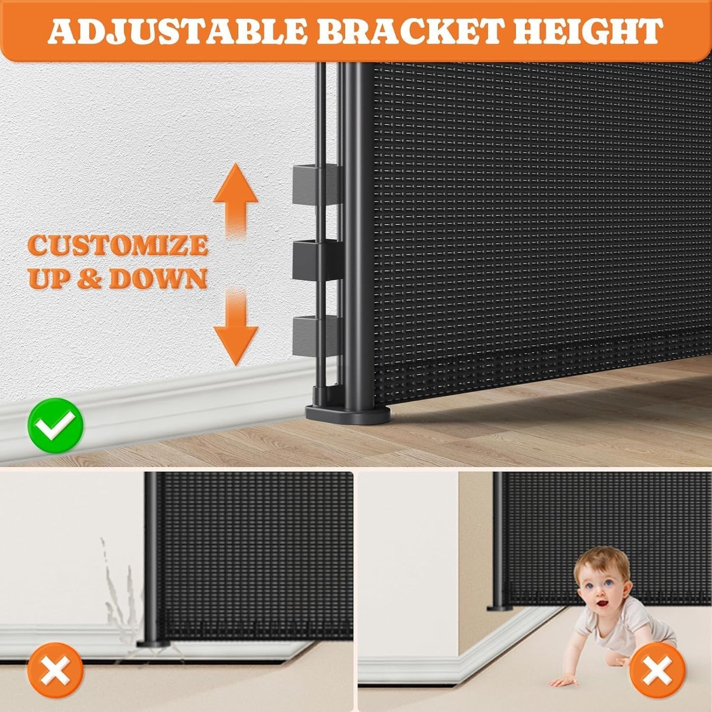 Extra Tall Retractable Baby Gates: 51" Tall Pet Gate, Extend up to 200" Wide, Mesh Baby Gate with Support Rods Jump-Proof Design for Cats & Large Dogs High Dog Cat Door Indoor Outdoor, Black