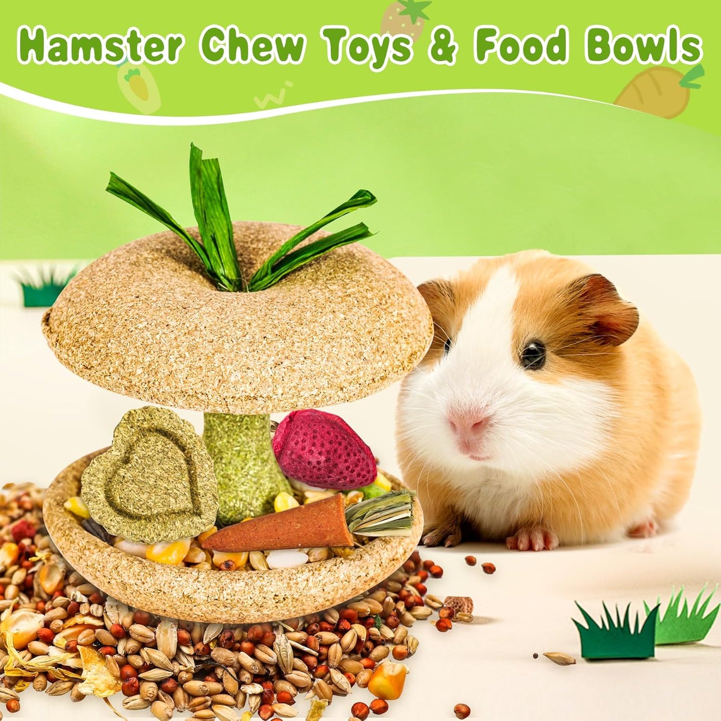 10 PCS Guinea Pig Chew Toys for Teeth, Rabbit Chew Toys Contain Natural Timothy Apple Core, Grass Cake, Carrot and Strawberry;Hamster toys for Bunny Chinchilla Gerbil Dental Care & Treat Teething