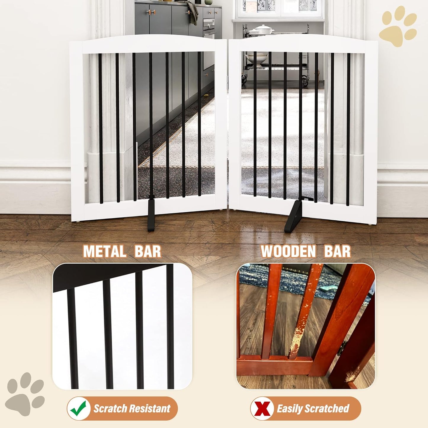 Freestanding Pet Gate for Dogs, Foldable Wooden Dog Gate for House, Indoor Pet Barrier for Stairs, Doorways, Support Feet Included, 24" Height 2 Panels, White