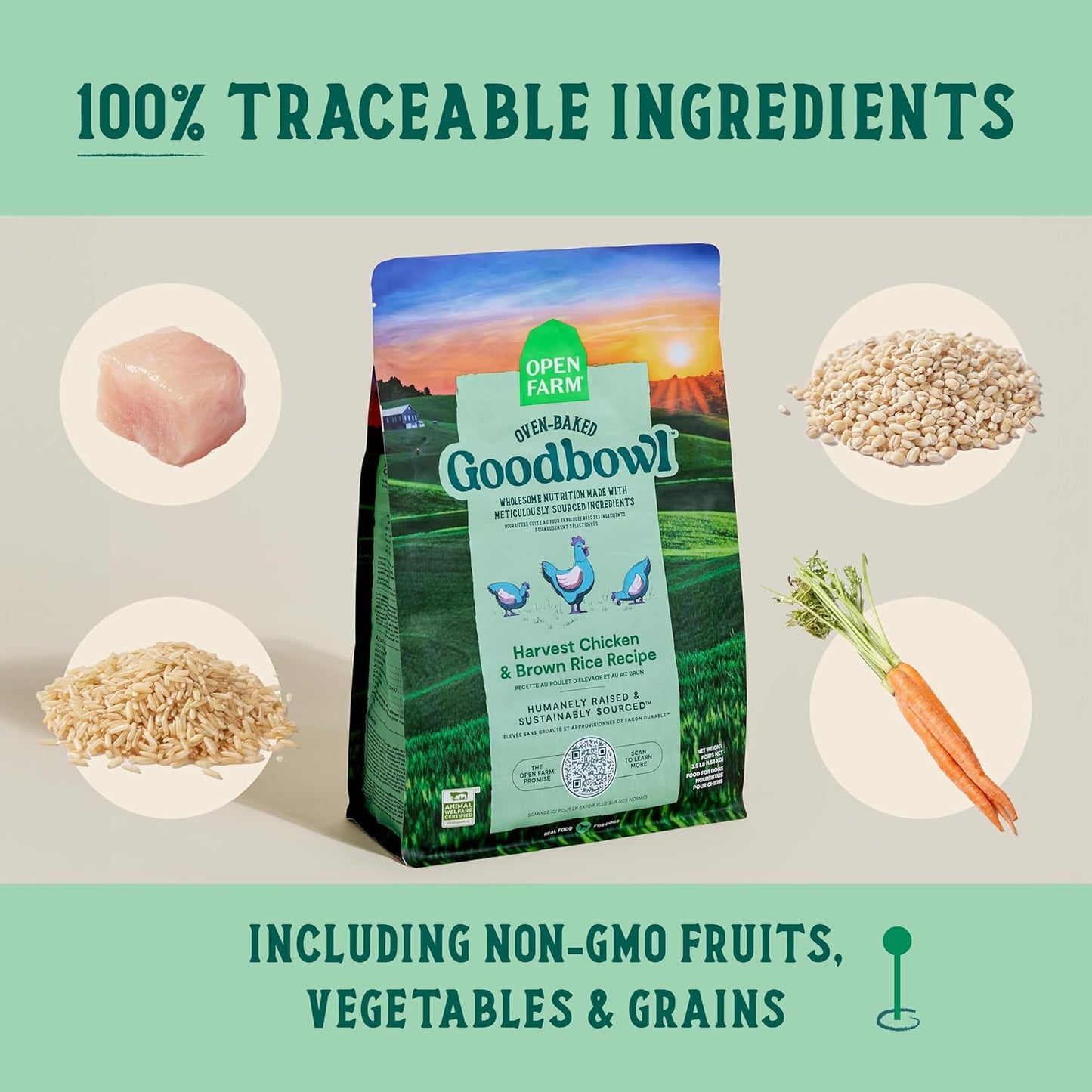 Open Farm Goodbowl, Oven-Baked Small Batch Dry Dog Food - Harvest Chicken & Brown Rice Recipe, Includes Non-GMO Produce & Grains, 3.5lb Bag (56oz Bag)