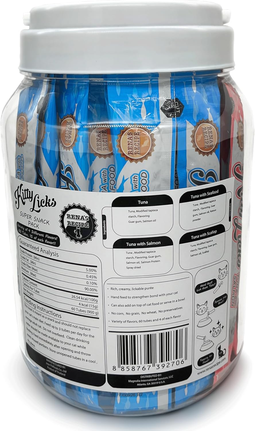 Rena's Recipe Kitty Licks Tuna Barrel (60 Tubes) 4 flavorsX 15 Tubes Cream Lickable Cat Treats 4 Different Flavors: Tuna with Seafood, Scallop, and Salmon