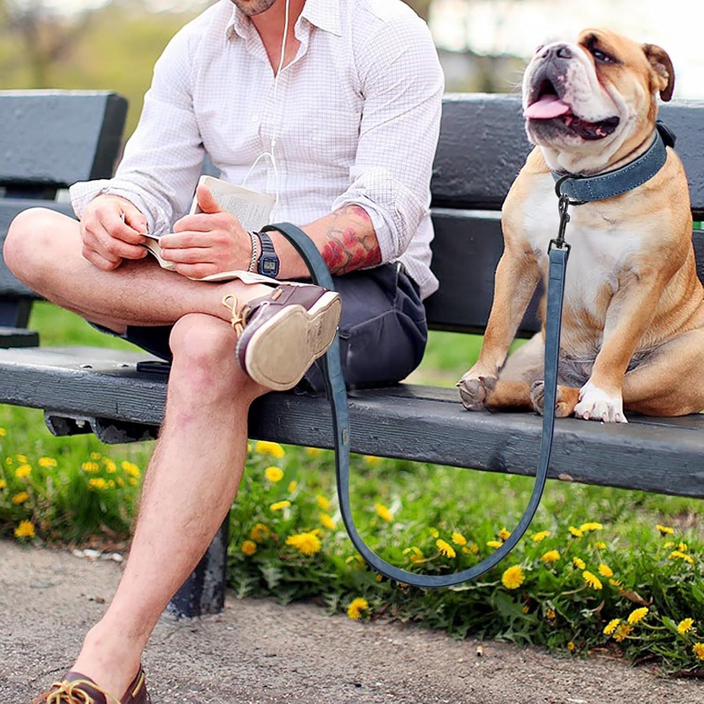 Didog Soft Padded Leather Dog Collar and Leash Set, Adjustable Dog Leash and Collar Set with Metal Buckle, Breathable Dog Collars with 4FT PU Leather Dog Leash for Medium Large Dogs, Blue, L