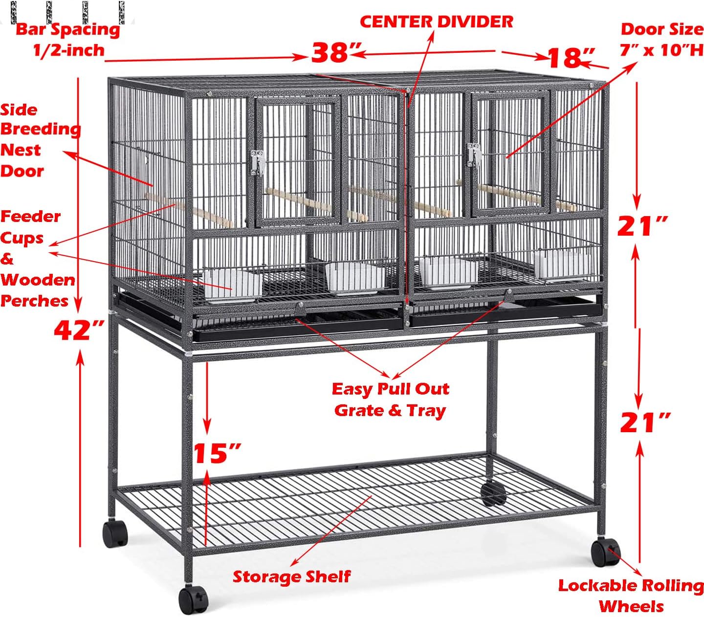 Combo Breeding Stacker Center Divided Breeder Bird Flight Double Rolling Cage with Side Breeding Nest Door (Black Vein, Single Stack)