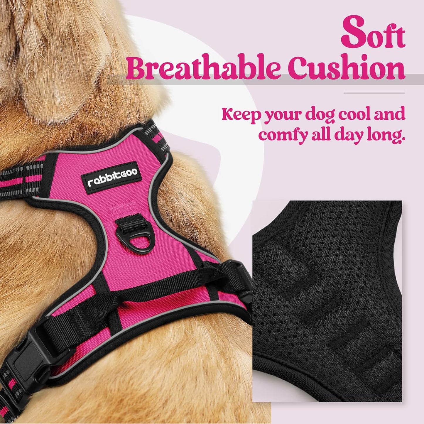 rabbitgoo Dog Harness No Pull with 2 Leash Clips, Adjustable Soft Padded, Reflective Oxford No Choke Pet Vest with Easy Control Handle for Large Dogs, Hot Pink, L
