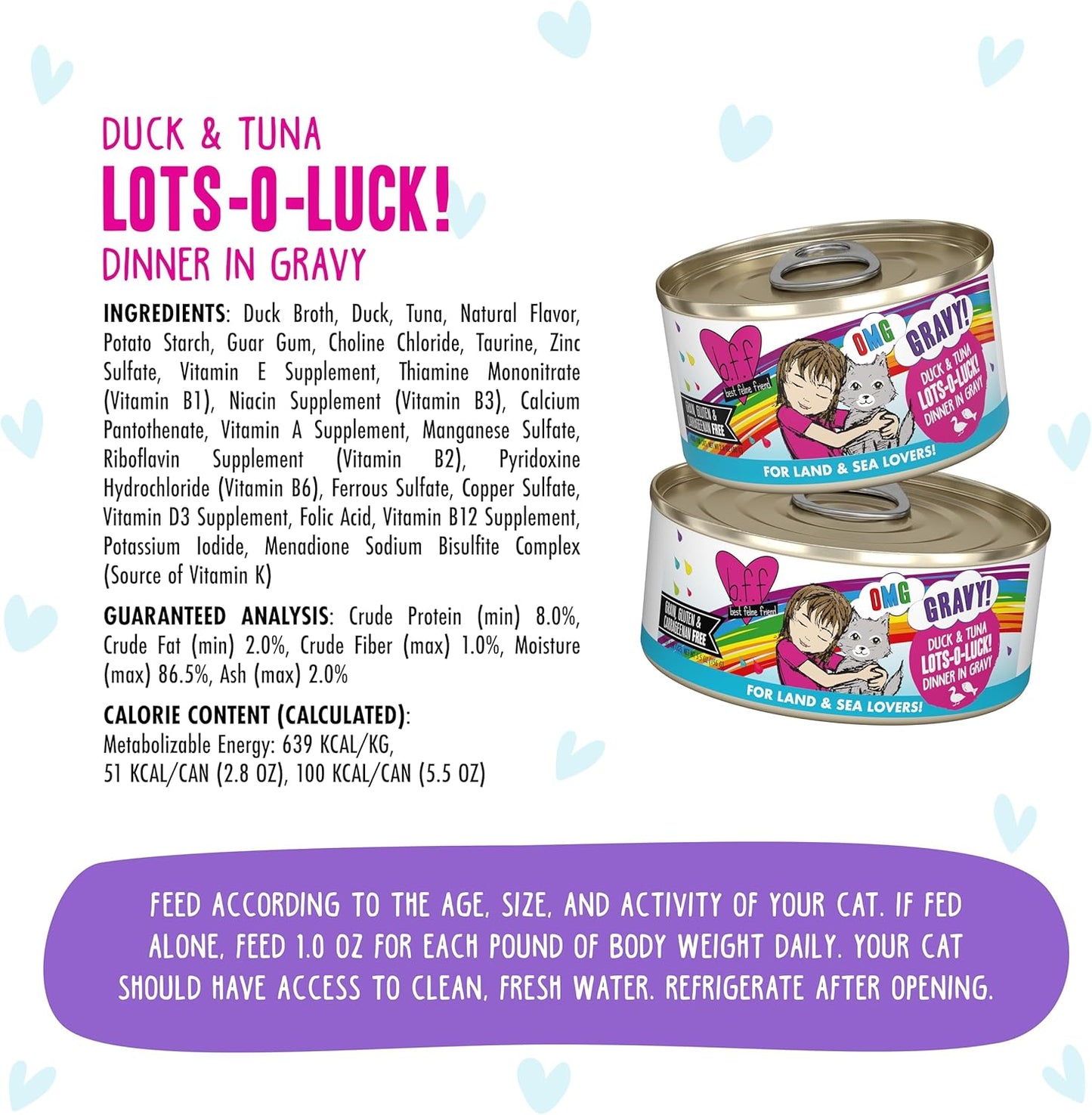 Weruva B.F.F. OMG - Best Feline Friend Oh My Gravy!, Lots-O-Luck! with Duck & Tuna in Gravy Cat Food, 5.5oz Can (Pack of 8)