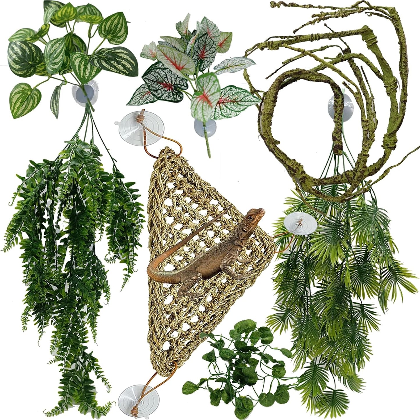 Reptile Plants for Bearded Dragon Tank Accessories, Terrarium Plant Artificial Decor for Snake Cage, Fake Plant for Leopard Gecko Habitat, Lizard Chameleon Ball Pythons (Group EN)