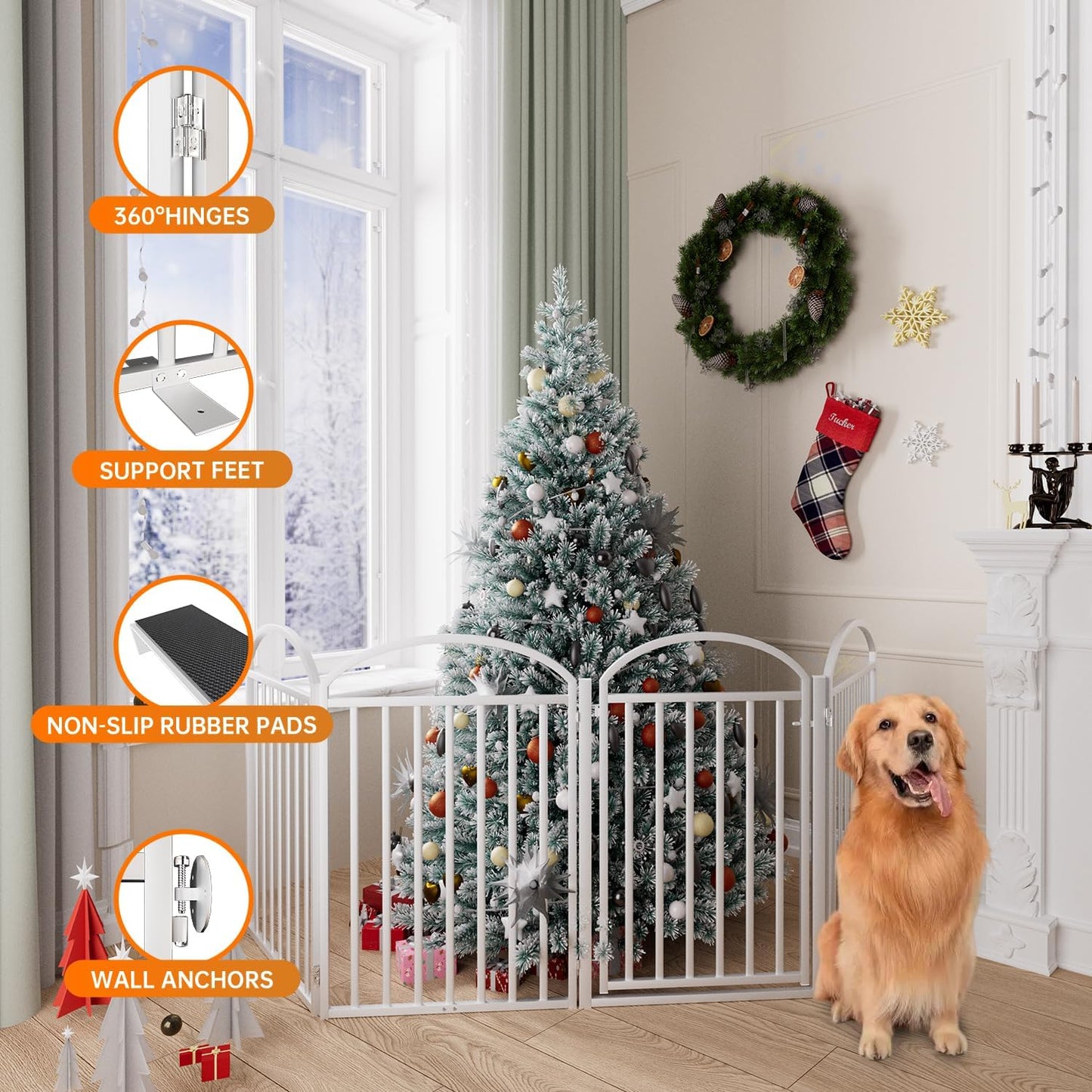 4 Panles Full Matel Freestanding Dog Gates with Door, 96"Extra Wide 32"Tall Free Standing Dog Pet Gate for Indoor & Outdoor. Foldable Pet Fences for Doorways, House, Stairs, Porch, Deck, Yard