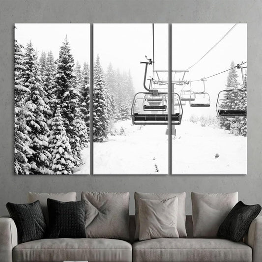 Nature Wall Art Prints - Ocean Forest Mountain Lake Canvas Landscapes - Small to Extra Large Living Room Bedroom Kitchen Bathroom Décor (Ski Lift on Snowy Mountain, 35L" x 53W" - 3 Panels)
