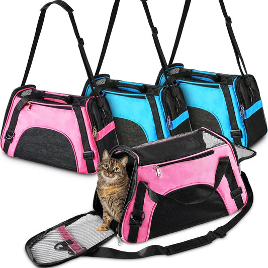 Sweetude 4 Pcs Cat Carrier Soft-Sided Pet Carrying Bag for Cat Under 13 Lbs, 16.9 x 11x 7.5 Inch, Portable Foldable Comfortable Bag for Small Pet Travel(Rose Red, Blue)