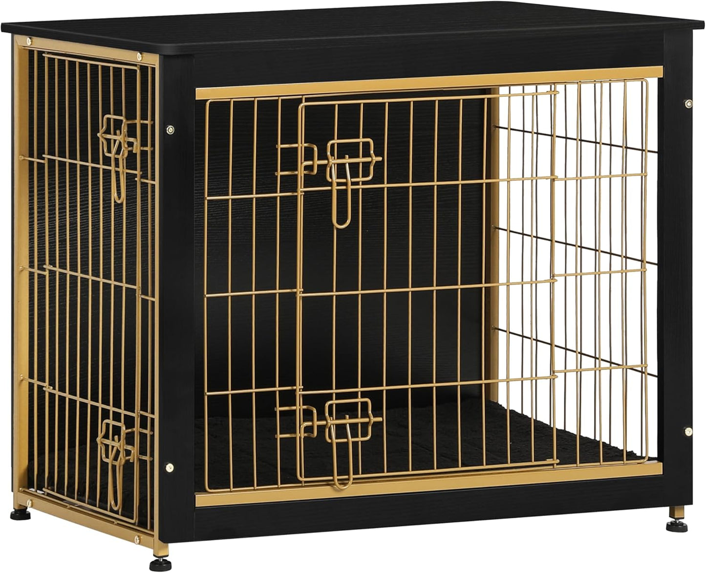 DWANTON Dog Crate Furniture with Cushion, Wooden Kennel Table with Double Doors, Indoor Dog House, Medium Size, 32.5" L, Black+Gold