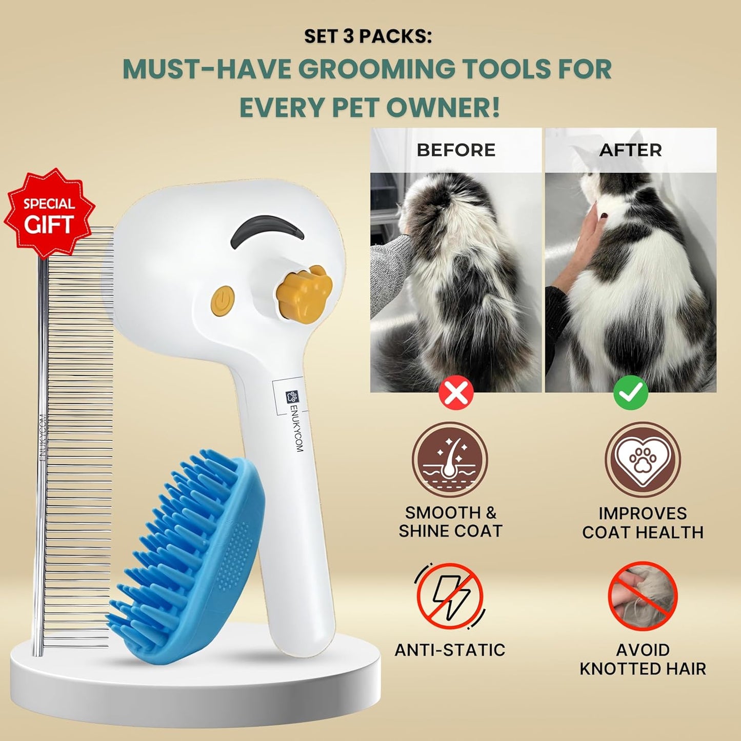 Self Cleaning Steam Brush for Cat Dog, 4 in 1 Pet Brushes for Shedding & Grooming, Bath Massage & Water/Mist Slicker Brush for Long Haired Cats & Dogs- Pet Grooming Brushes with Spray for Cats