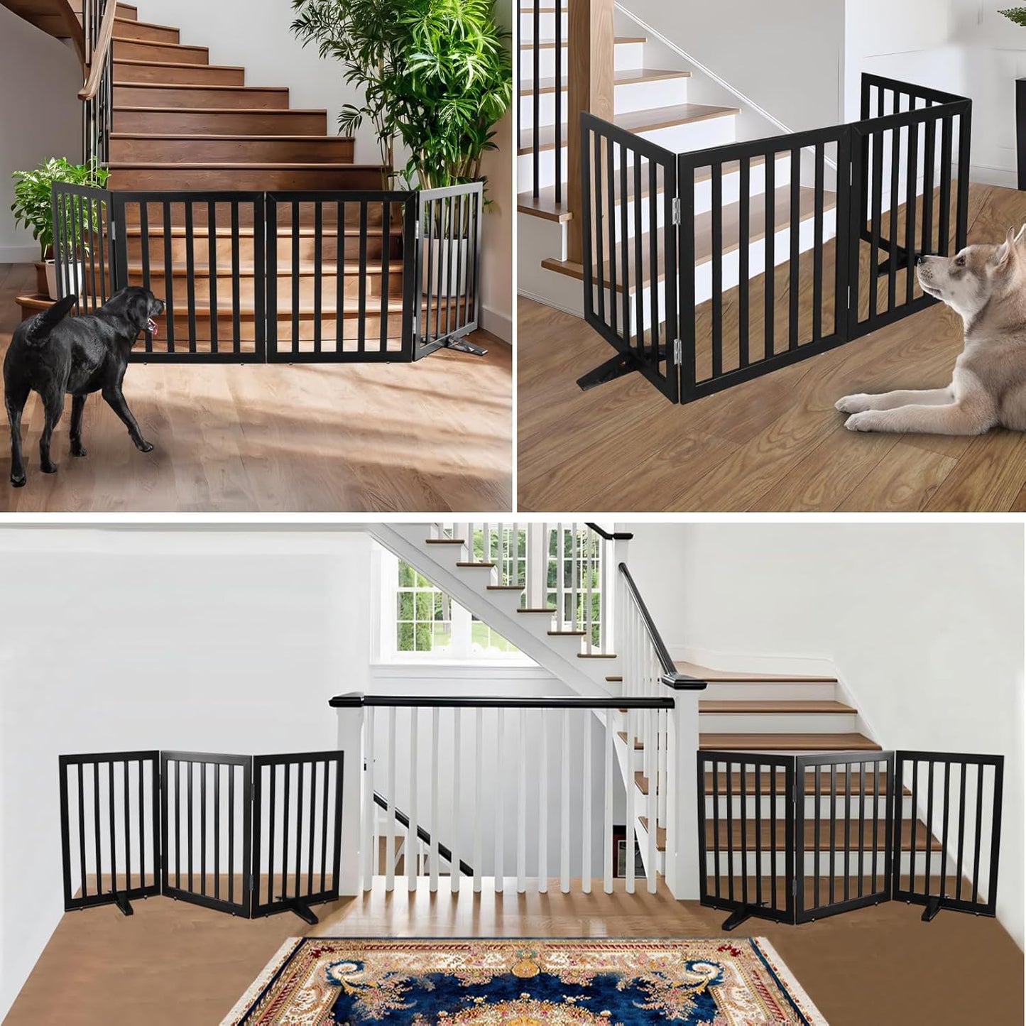 ZJSF Freestanding Indoor Dog Gate for House Foldable Wood Puppy Gate for Doorways Pet Gate for Stairs Extra Wide Pet Fence, Black, 32" Height 6 Panels