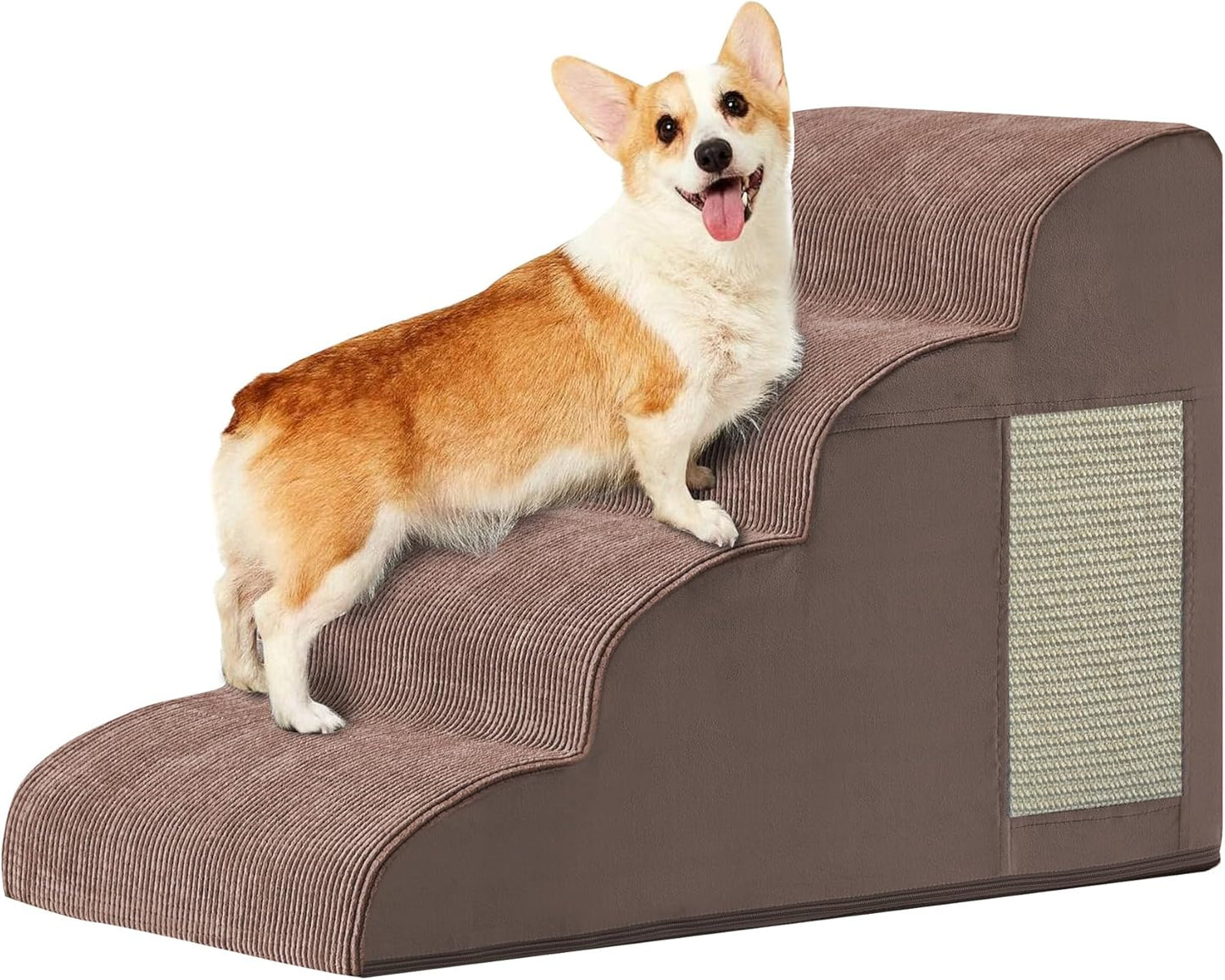 Dogs Steps for Bed, Dog Stairs for Small Dogs, 4-Step Dog Ramp for Bed, Couch, Sofa, and Chairs, Non-Slip Bottom Design, Cat Scratching, High Density Foam Portable Pet Step, Indoor, Coffee